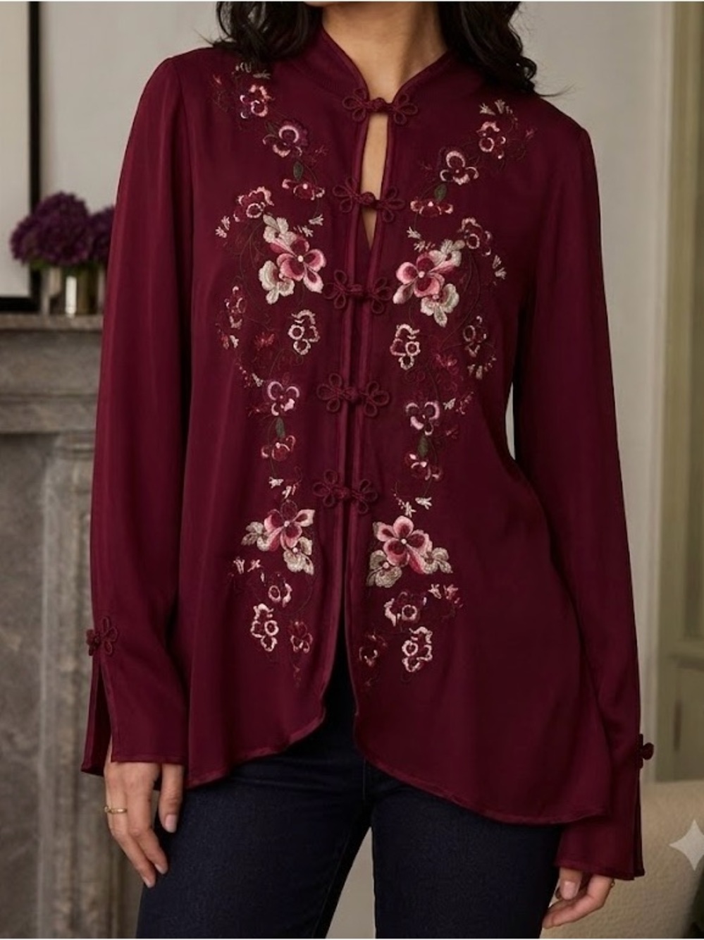 VINTAGE 90s Size 1X Diane von Furstenberg Silk Assets Red Floral Mandarin Jacket